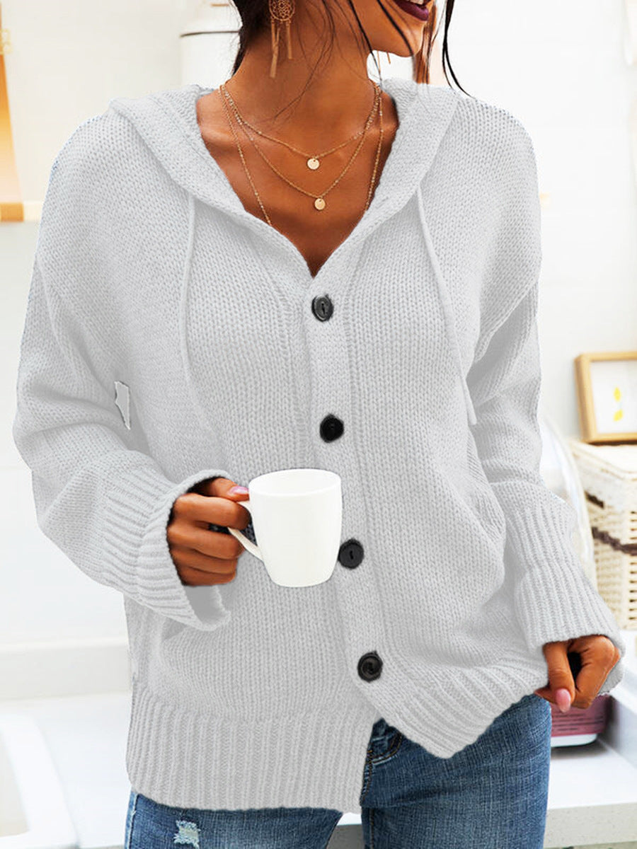 Damen Strickjacke mit Kapuze und knöpfen im lässigen Stil R&B