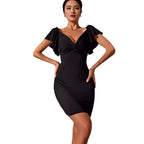 Damen figurbetontes Minikleid mit schmeichelndem V-Ausschnitt und Rüschendetails R&B