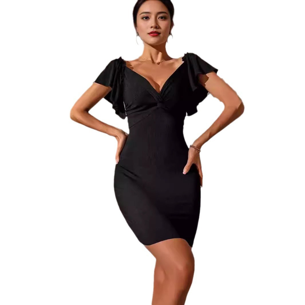 Damen figurbetontes Minikleid mit schmeichelndem V-Ausschnitt und Rüschendetails R&B