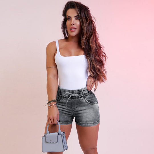 Damen Jeansshorts mit elastischem Bund und Kordelzug R&B