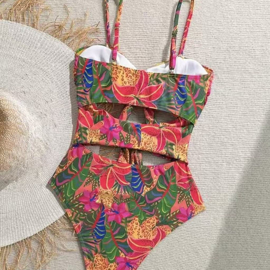 Damen Einteiler Badeanzug mit dekorativem Knotendetail und verspieltem Floraldesign R&B