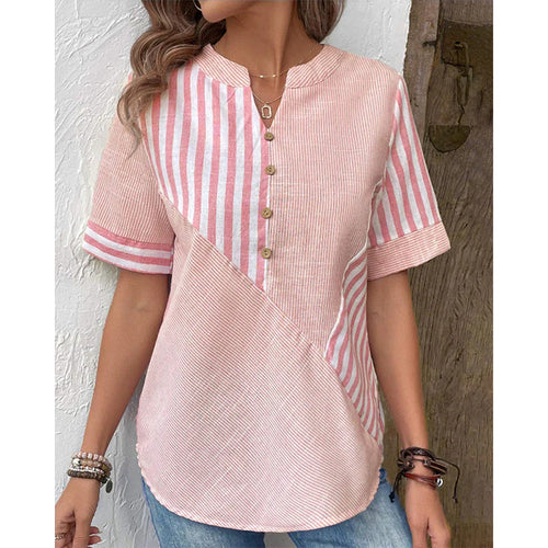 Damen Kurzarm Blusenshirt im gestreiften Design mit Knopfdetails R&B