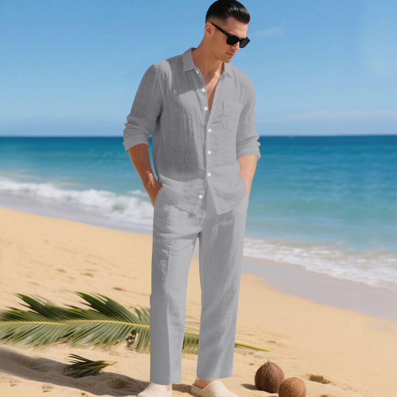 Herren leichtes Leinen-Outfit mit stilvollem Hemd und eleganter Hose R&B