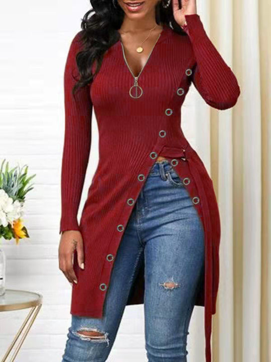 Damen figurbetontes Wickelshirt mit Knopfdetails und tiefem V-Ausschnitt R&B