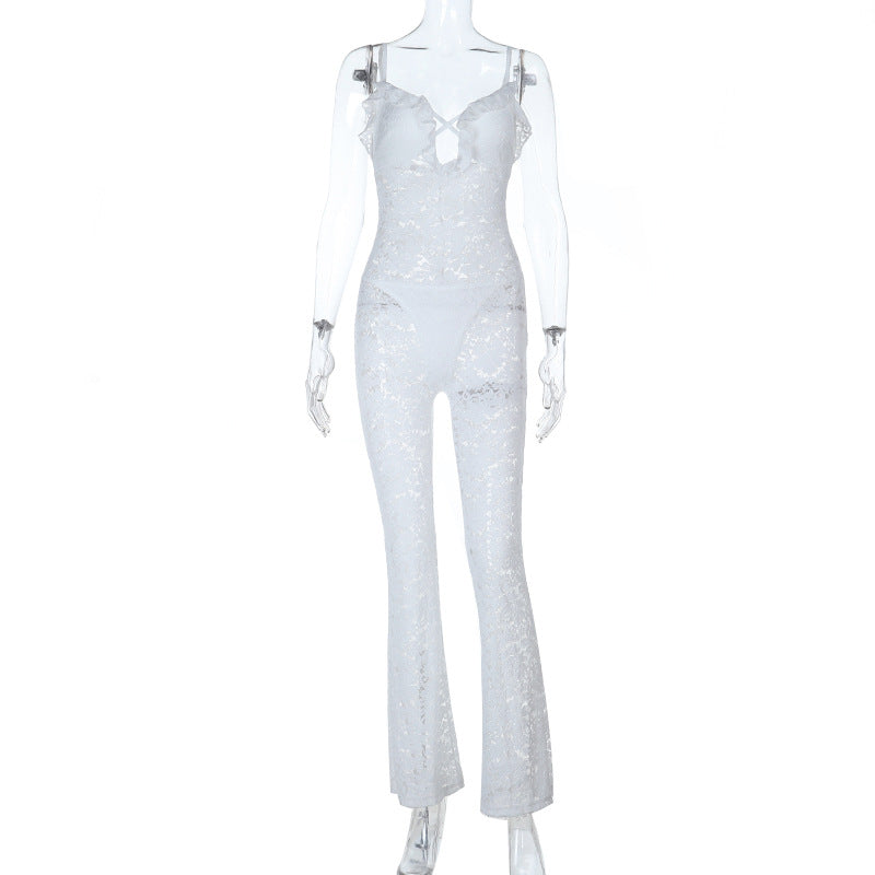Damen stilvolles Langarm-Catsuit mit Spitzenverzierung und raffiniertem Ausschnitt R&B