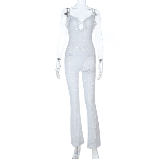 Damen stilvolles Langarm-Catsuit mit Spitzenverzierung und raffiniertem Ausschnitt R&B