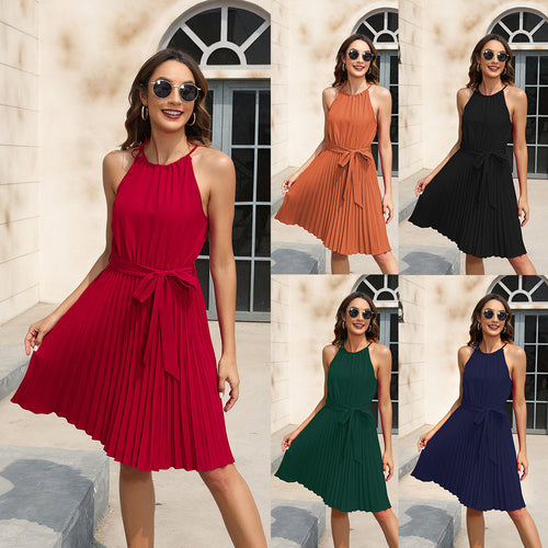 Damen Plissiertes Sommerkleid mit tailliertem Gürtel und Halterneck R&B