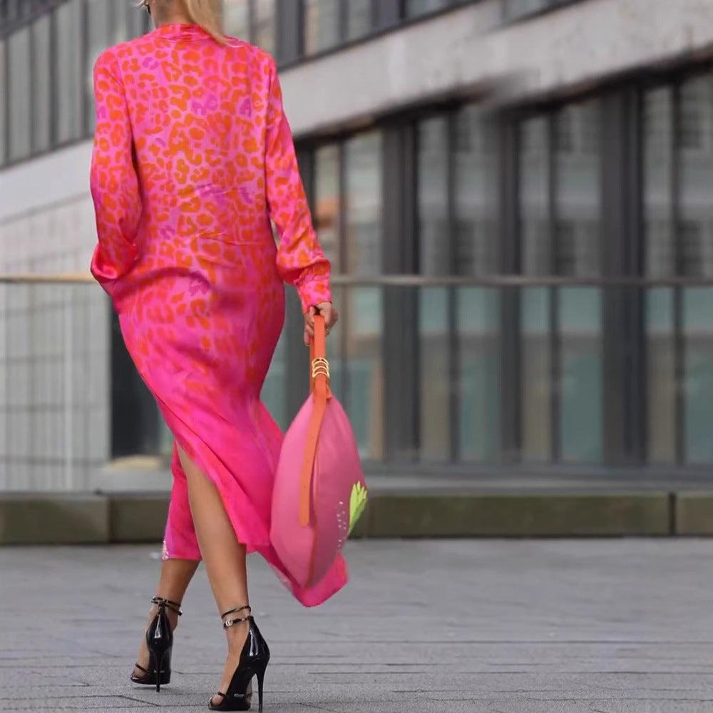Damen Maxikleid mit lässiger Knopfleiste und animalischen Mustern Heidi-Mode