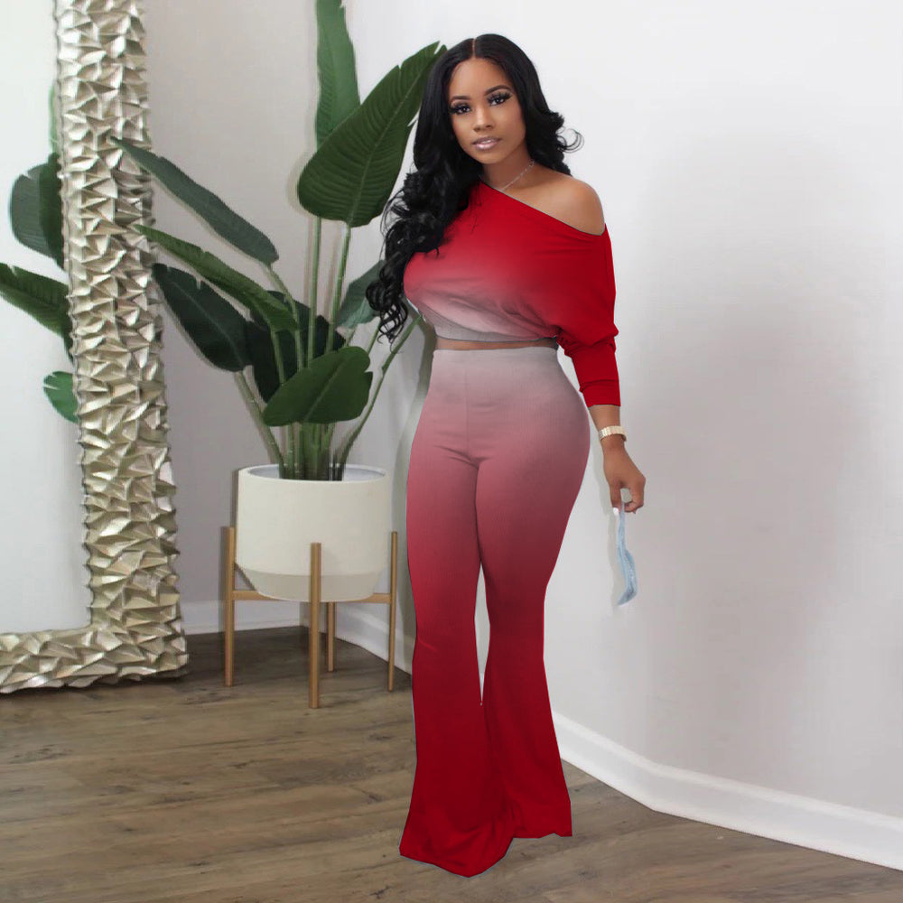 Damen Lässiges Ombre Set mit stilvollem Off-Shoulder Oberteil und figurbetonten Hosen R&B