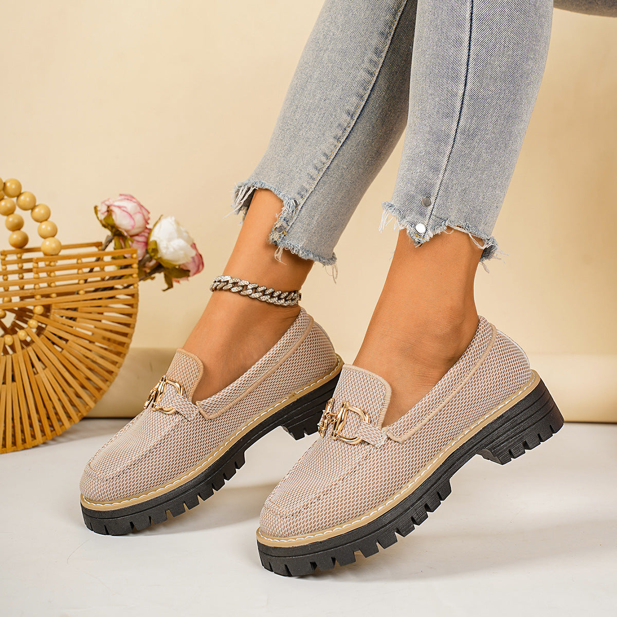 Damen lässige Mokassins mit atmungsaktivem Mesh-Obermaterial und trendigem Ketten-Detail R&B