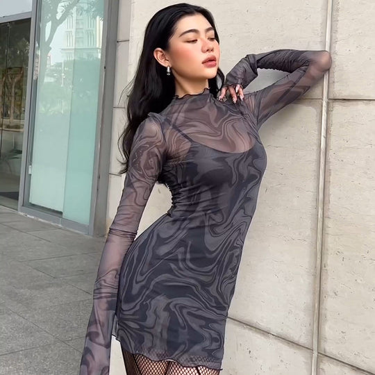 Damen figurbetontes Netzkleid mit marbled Effekt R&B