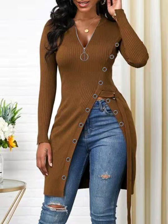 Damen figurbetontes Wickelshirt mit Knopfdetails und tiefem V-Ausschnitt R&B