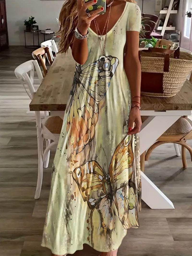 Damen Maxikleid mit buntem Schmetterlingsdruck R&B