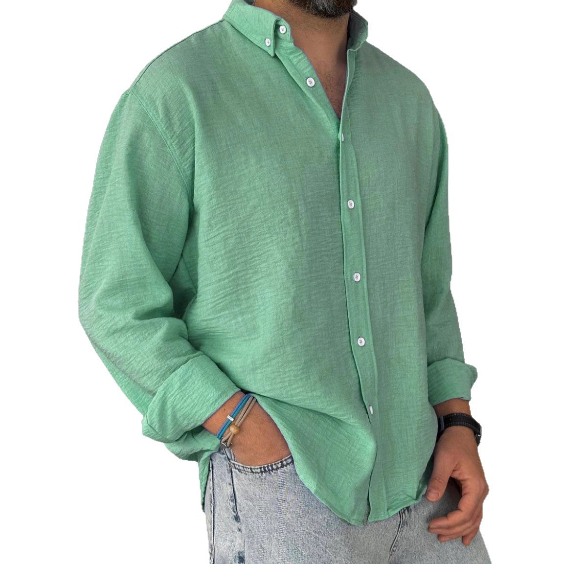 Herren nan leichtes Baumwoll-Leinen-Hemd mit Button-Down-Kragen und entspannter Relaxed-Fit R&B