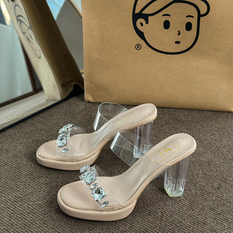 Damen Glamouröse Plateau-Sandalen mit durchsichtigen Riemen und funkelnden Kristall-Akzenten R&B