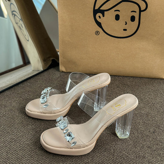 Damen Glamouröse Plateau-Sandalen mit durchsichtigen Riemen und funkelnden Kristall-Akzenten R&B