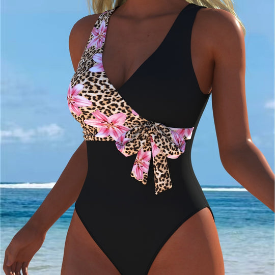 Damen Einteiliger Badeanzug mit floralem Wickeldesign und trendigem Leopardenmuster R&B