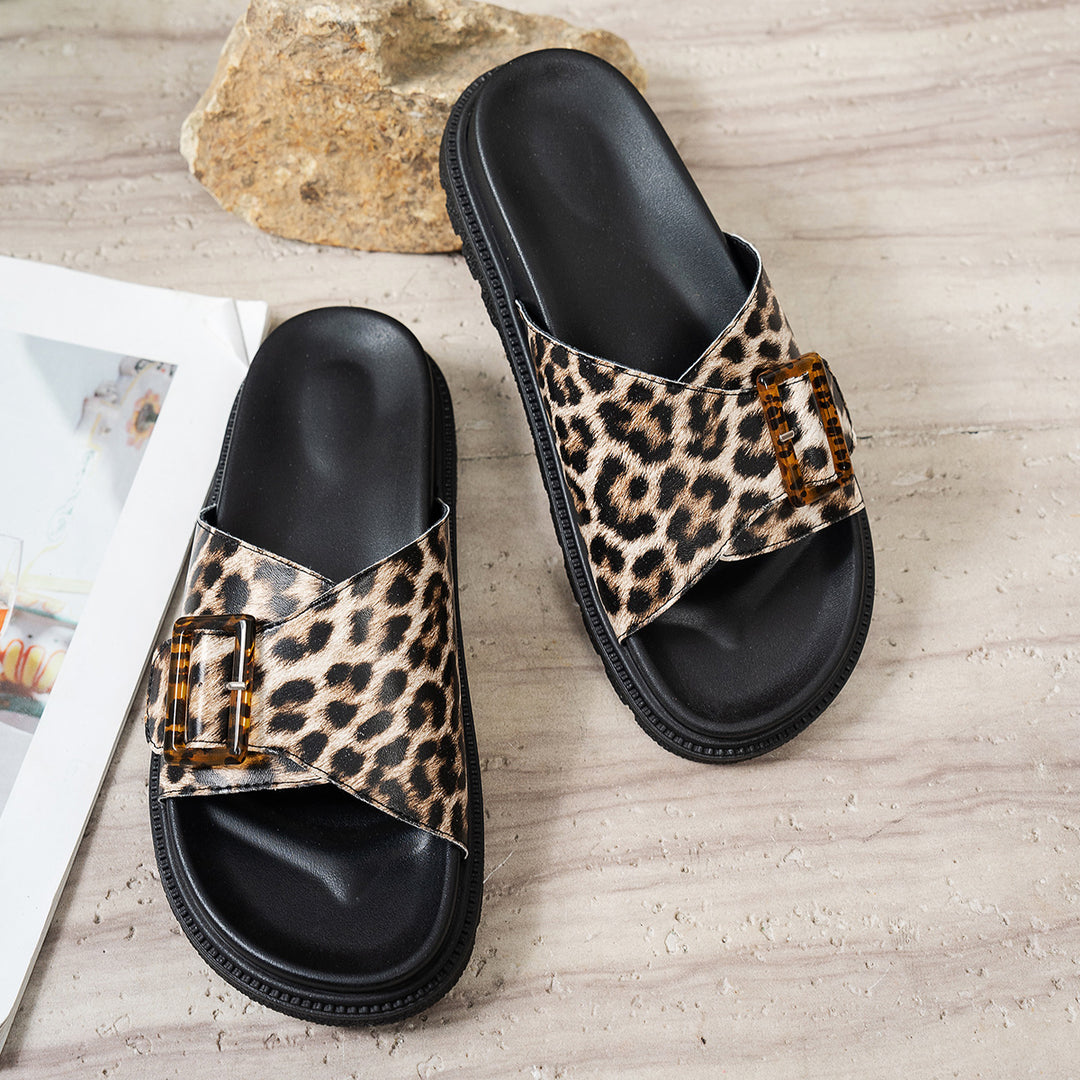 Damen stylische Slide-Sandalen mit Leopardenmuster und modischem Schnallen-Design R&B