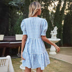 Damen Gingham-Kleid mit Volant und Puffärmeln R&B