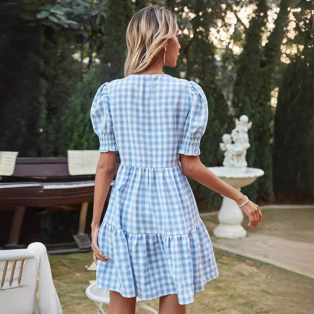 Damen Gingham-Kleid mit Volant und Puffärmeln R&B