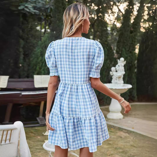 Damen Gingham-Kleid mit Volant und Puffärmeln R&B
