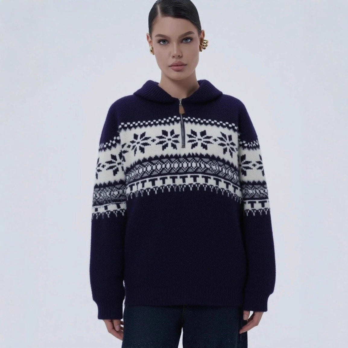 Damen gestrickter Pullover mit Halskragen und Modischem Norweger-Muster R&B