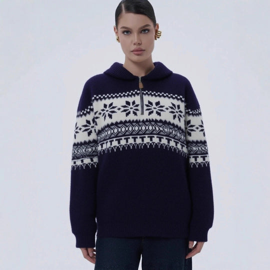 Damen gestrickter Pullover mit Halskragen und Modischem Norweger-Muster R&B