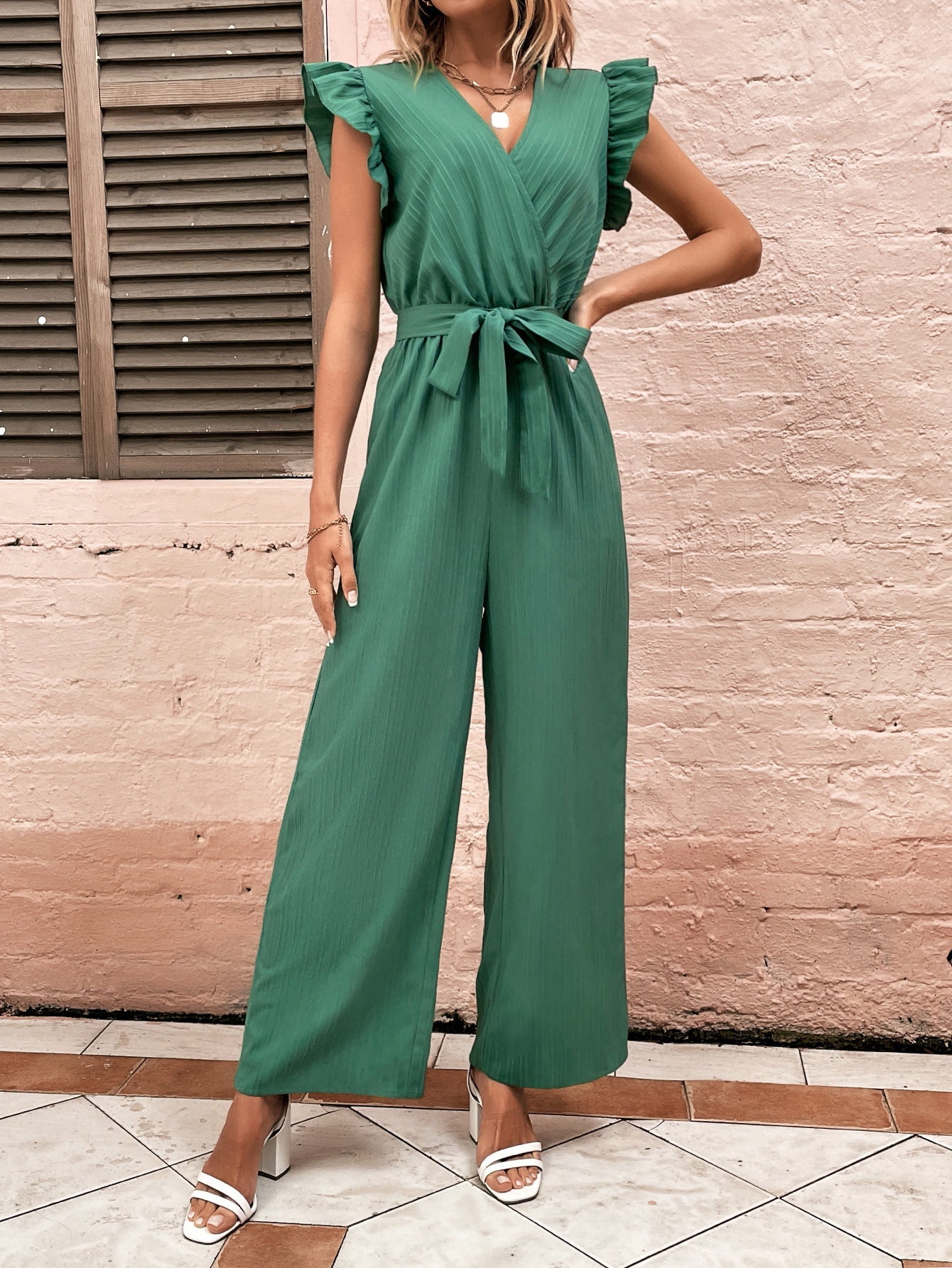 Damen Eleganter Jumpsuit mit Taillengürtel und Rüschendetails R&B