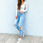 Damen Hochtaillierte Skinny Jeans mit modischen Rissen R&B