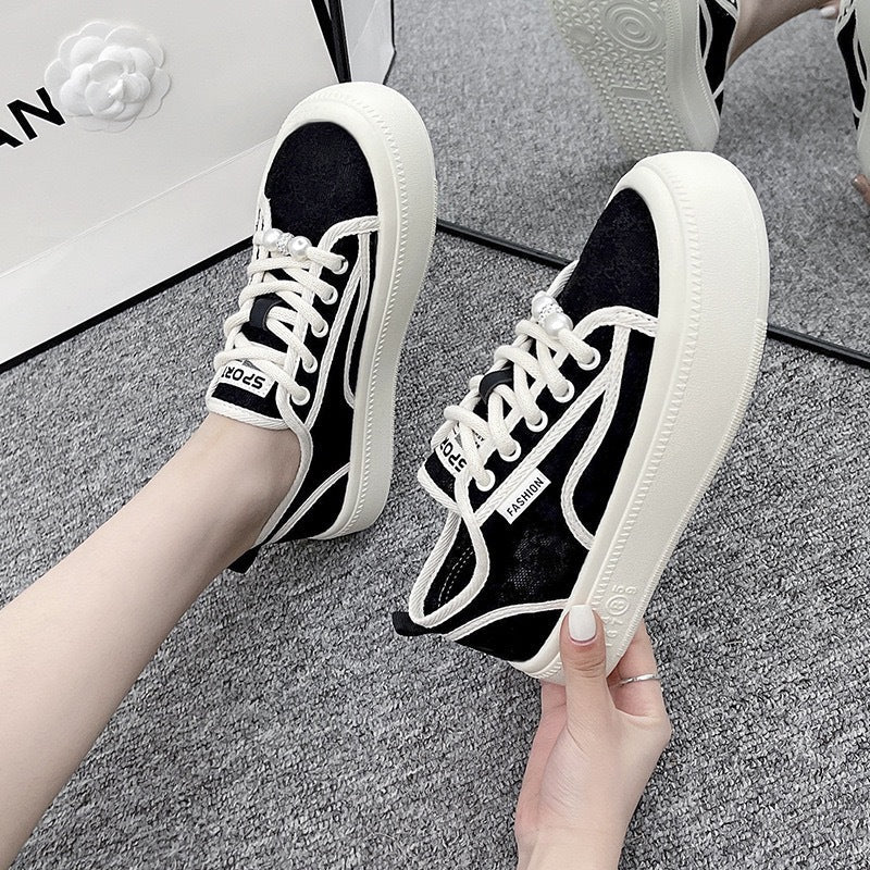 Damen modische Sneaker mit trendiger Perlenschnürung und robuster Gummisohle