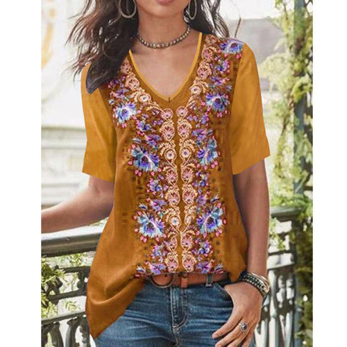 Damen V-Ausschnitt Bluse mit floralen Stickereien und bequemen kurzen Ärmeln R&B