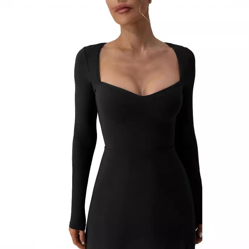 Damen elegantes Minikleid mit tiefem Herzausschnitt und langen Ärmeln R&B