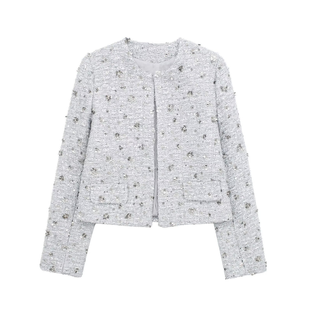 Damen elegante Tweedjacke mit funkelnden Pailletten und strukturiertem Design R&B