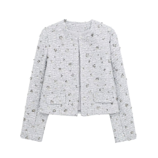 Damen elegante Tweedjacke mit funkelnden Pailletten und strukturiertem Design R&B