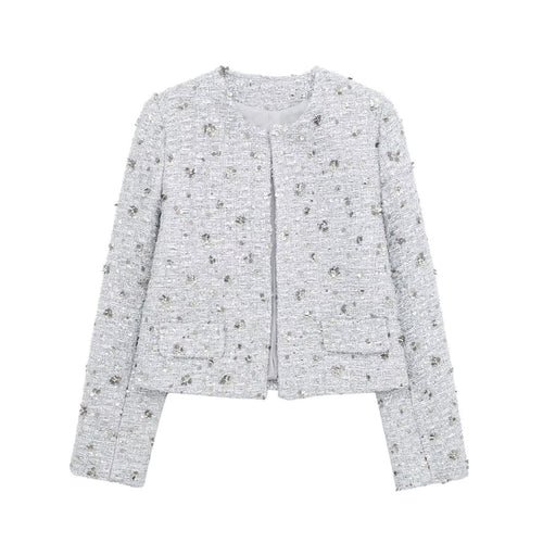 Damen elegante Tweedjacke mit funkelnden Pailletten und strukturiertem Design R&B