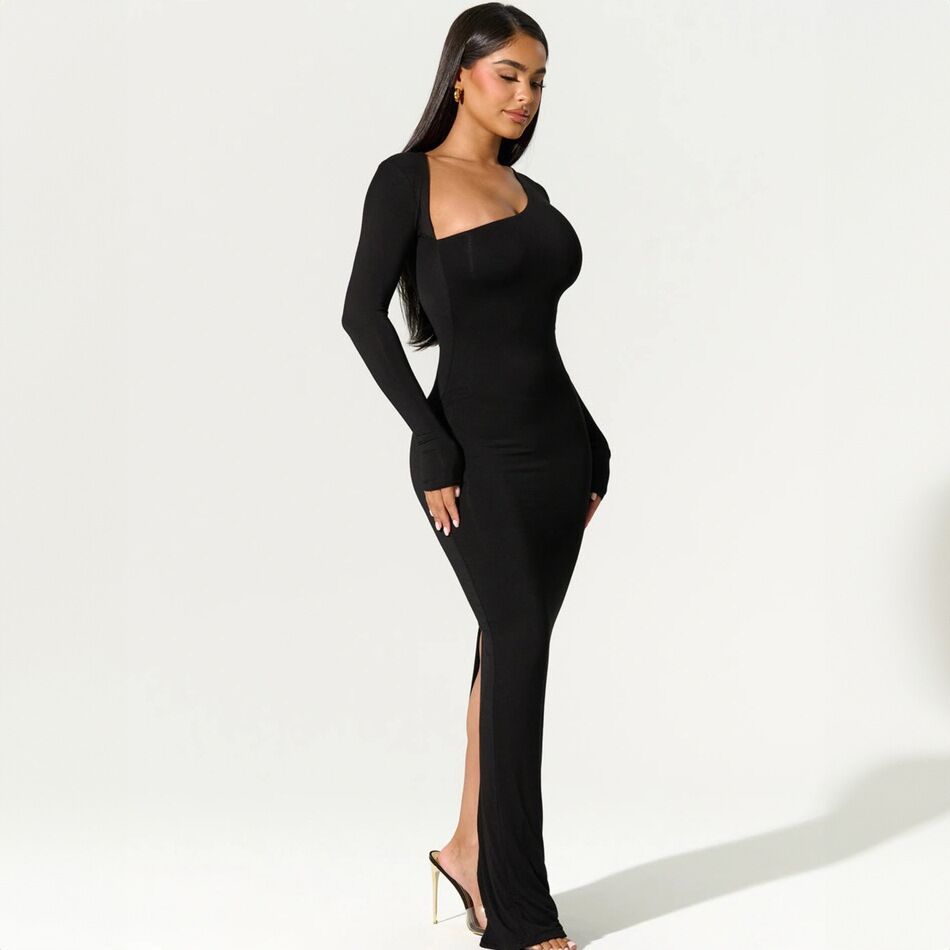 Damen elegantes Wickel-Maxi-Kleid mit asymmetrischem Halsausschnitt R&B