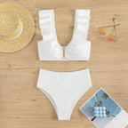 Damen hochtailliertes Bikini-Set mit Rüschendetails und goldenen Akzenten R&B