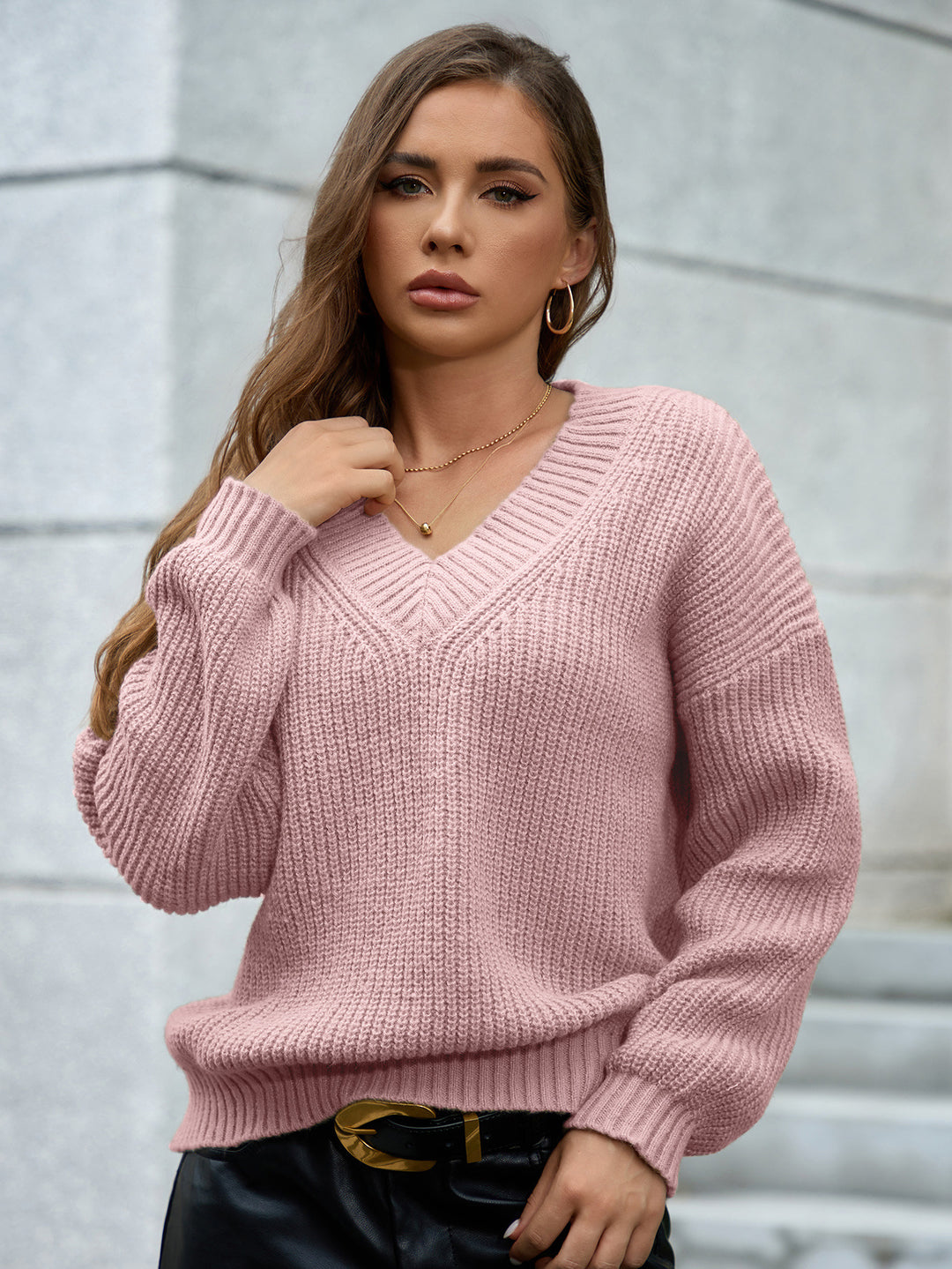 Damen gemütlicher V-Ausschnitt Strickpullover mit lockerem Schnitt und strukturiertem Muster R&B