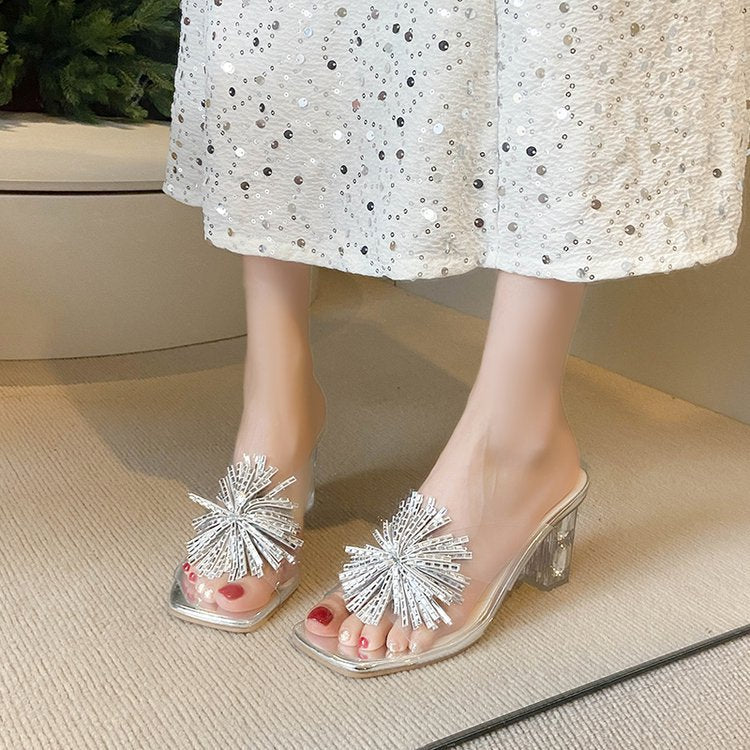Damen glamouröse Mules mit funkelndem Blumenakzent R&B
