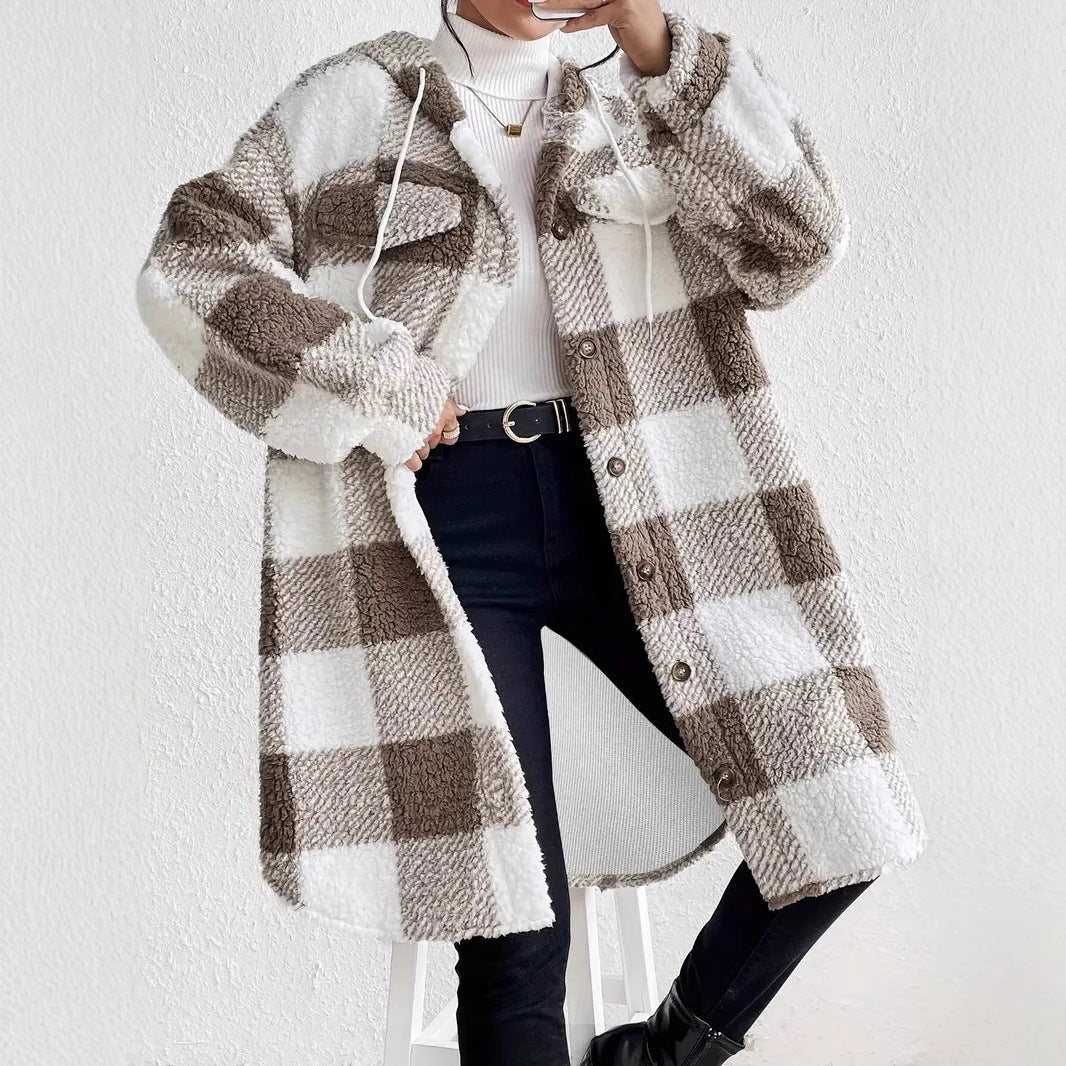 Damen Plüschige Karojacke im Oversized-Stil mit Knopfleiste R&B