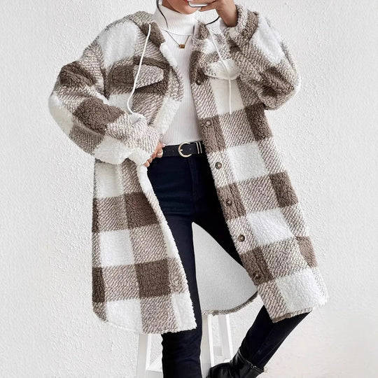 Damen Plüschige Karojacke im Oversized-Stil mit Knopfleiste R&B