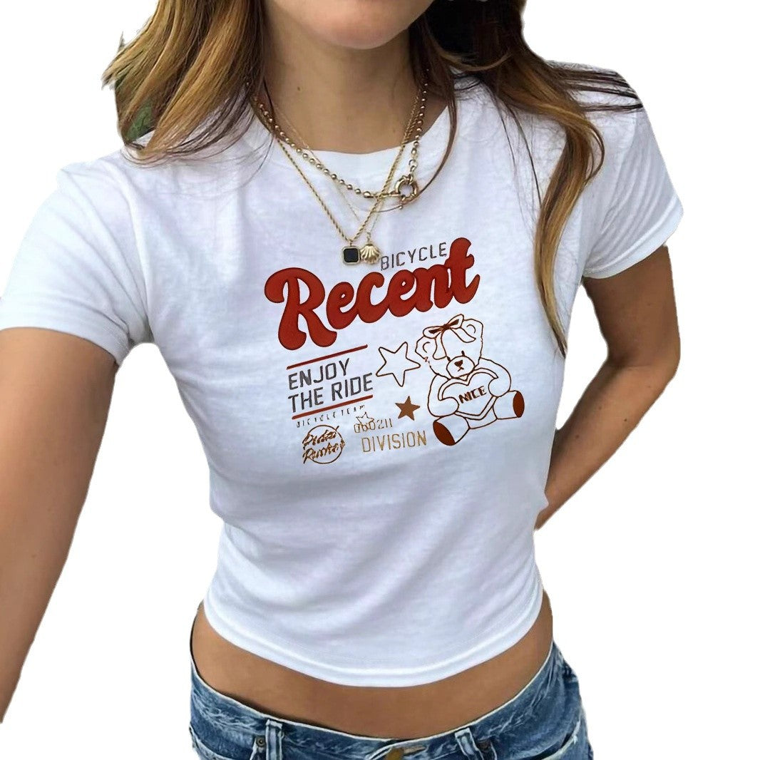 Damen figurbetontes T-Shirt mit Vintage-Teddymotiv und urbanem Schriftzug R&B