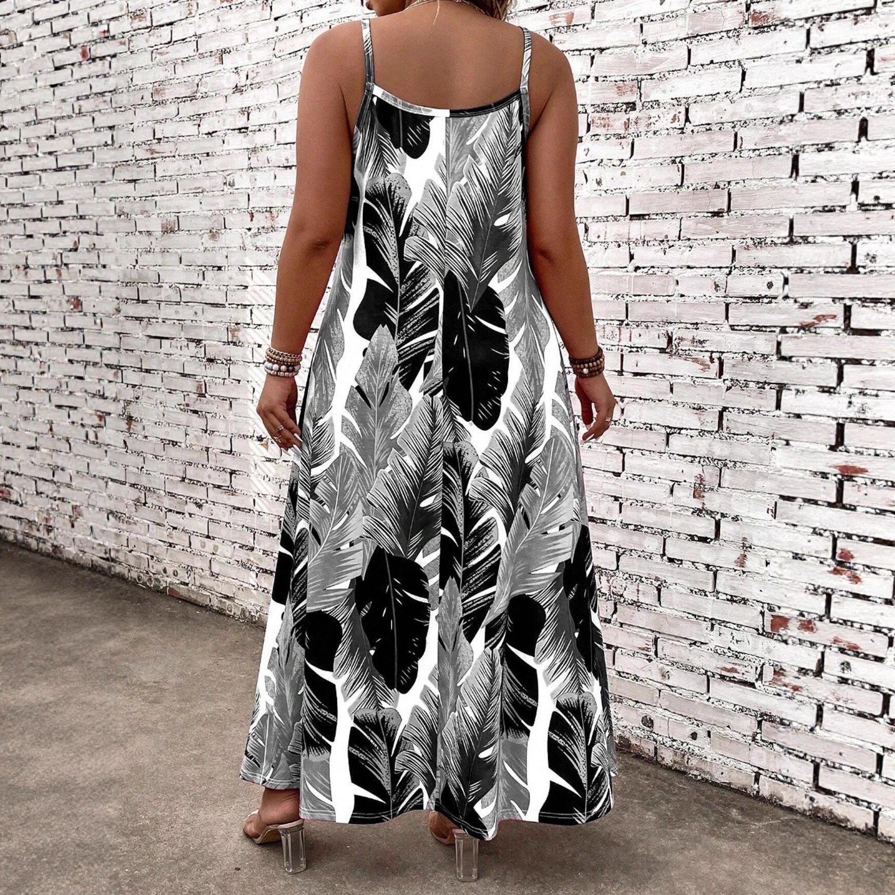Damen Maxikleid mit aufregendem Blattmuster und schmalen Trägern R&B