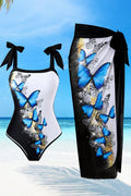 Damen Einteiler Badeanzug mit schickem Wickelrock und Butterfly-Motiv R&B