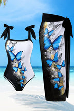 Damen Einteiler Badeanzug mit schickem Wickelrock und Butterfly-Motiv R&B