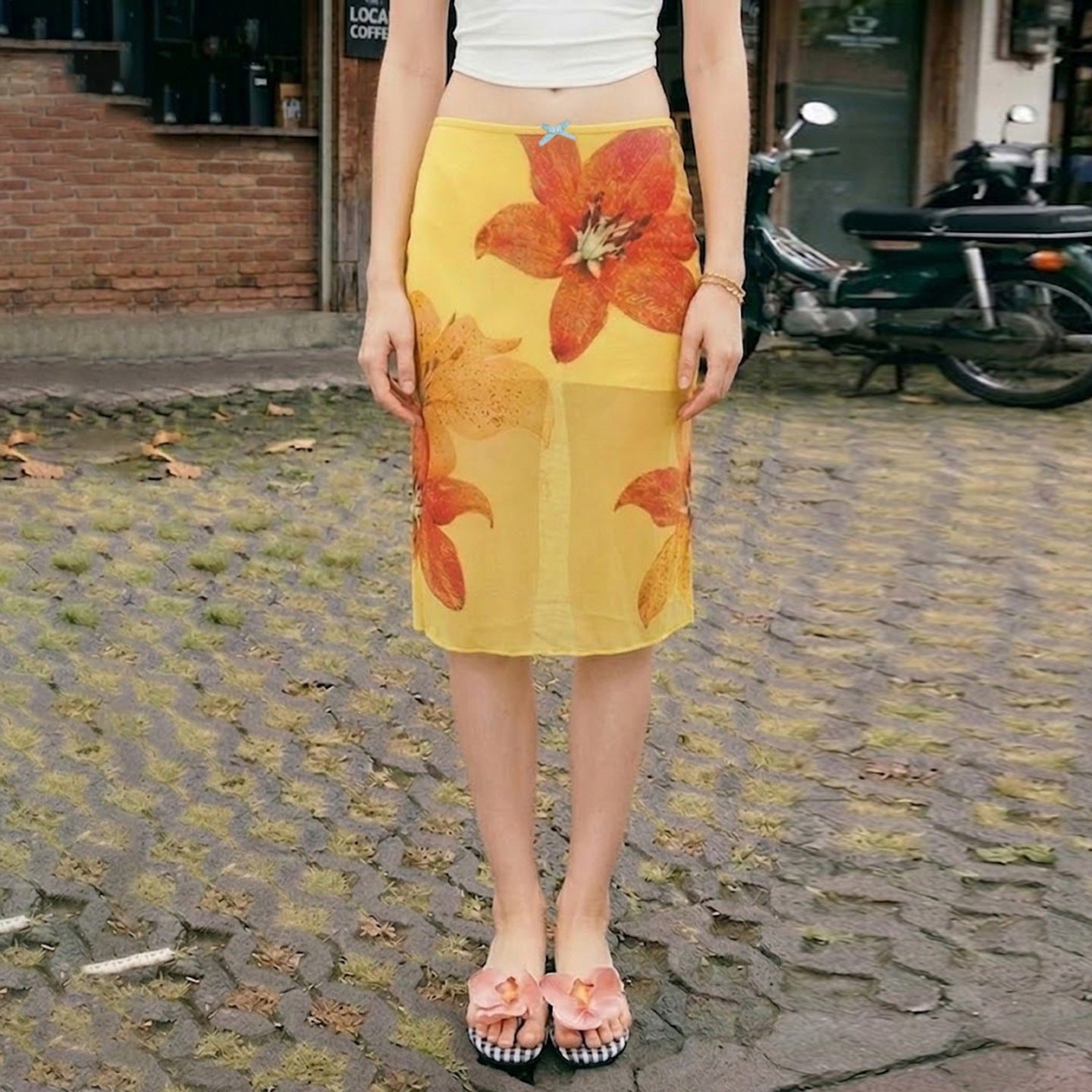 Damen Midi-Rock mit floralem Chiffon und elastischem Bund R&B