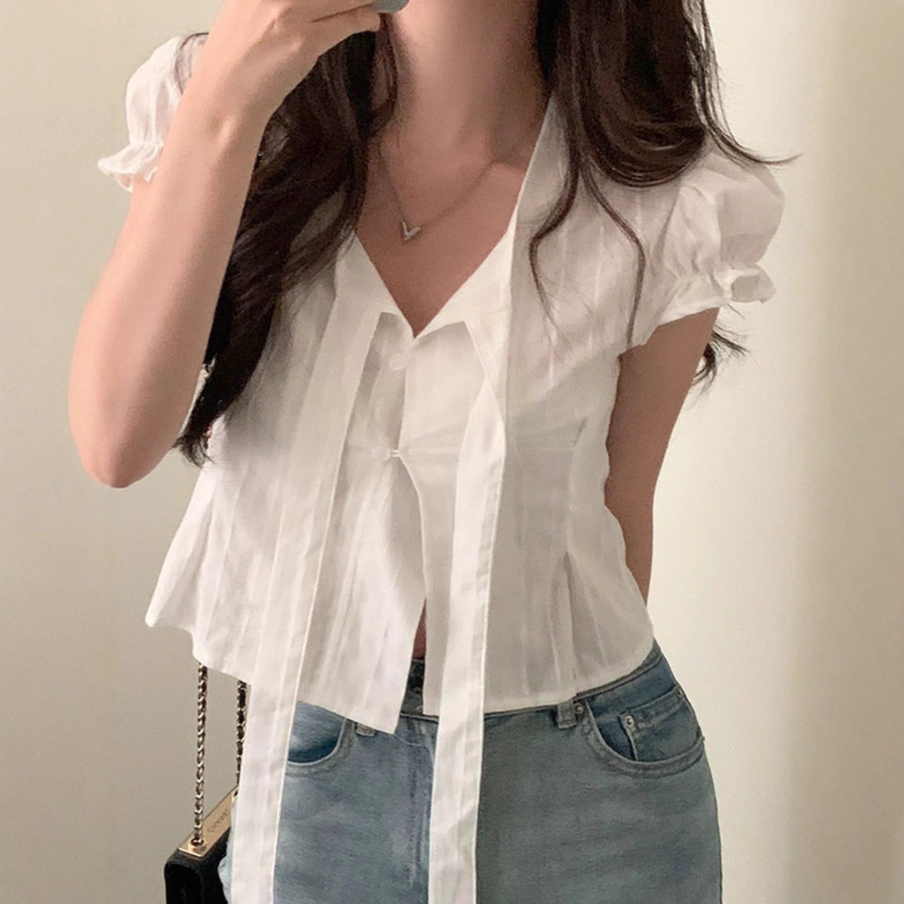 Damen kurzarm bluse mit dekorativen bindR&Bändern R&B