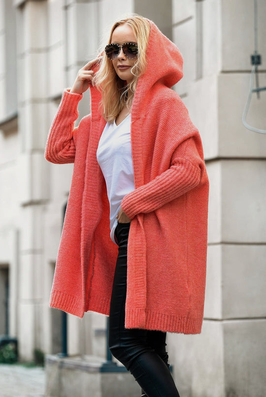 Damen lässiger Strickcardigan mit Kapuze und weiten Ärmeln R&B