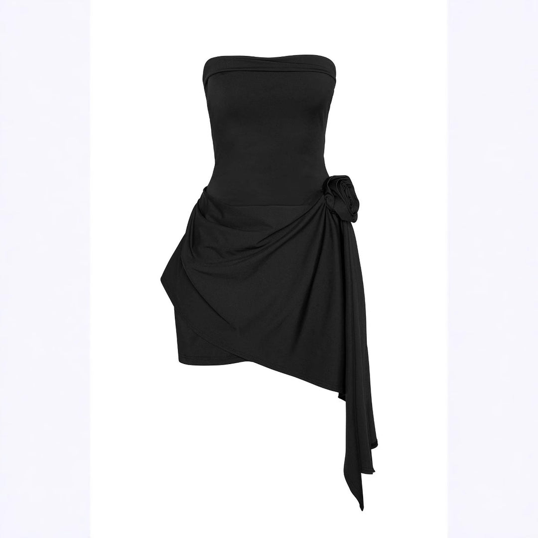 Damen elegantes schulterfreies Wickelkleid mit asymmetrischem Saum und floralem Detail R&B