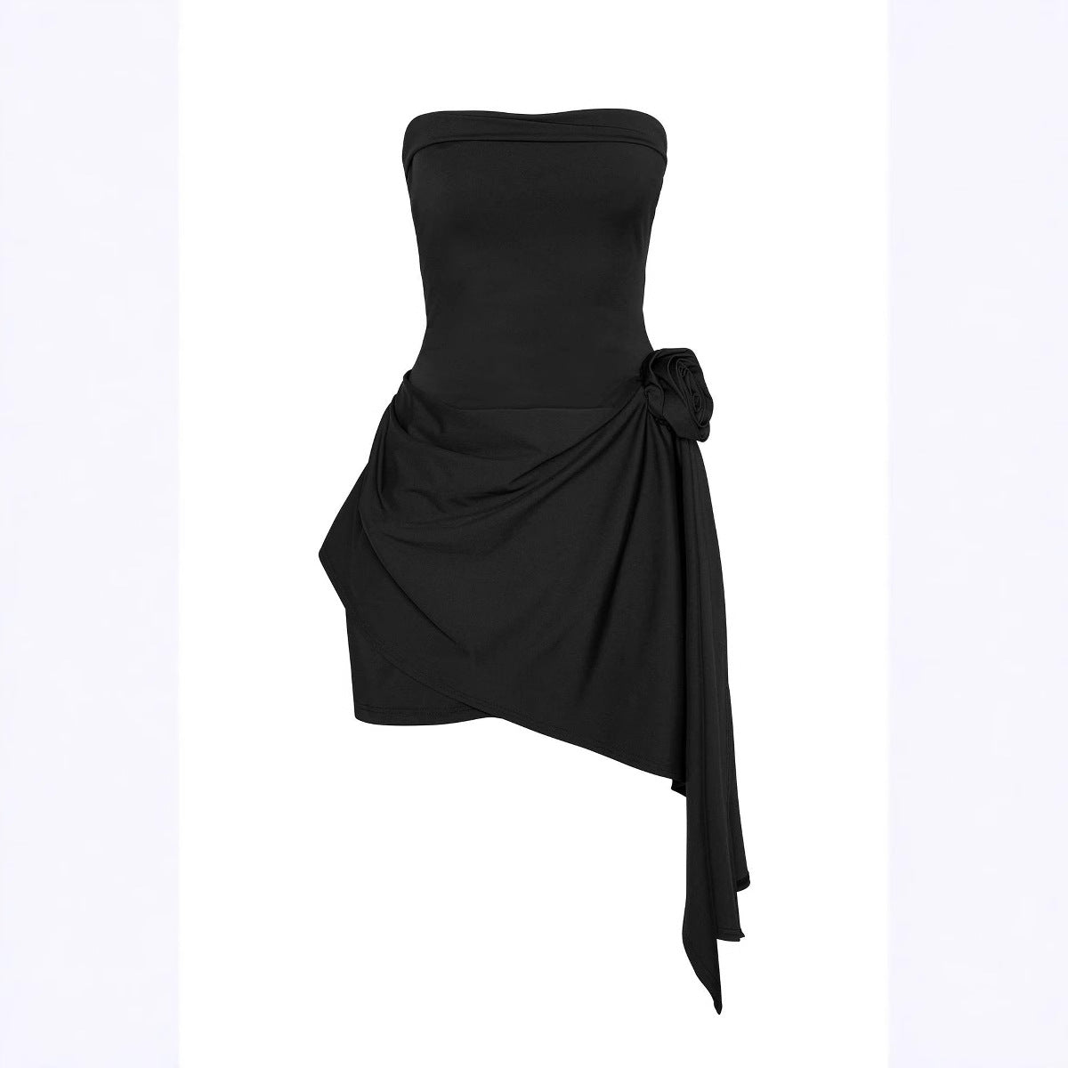Damen elegantes schulterfreies Wickelkleid mit asymmetrischem Saum und floralem Detail R&B